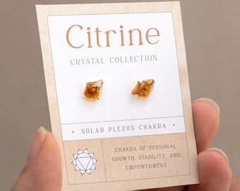 Tiny Raw Cut Crystal Studs, Yellow Citrine November Birthstone Earrings, Sterling Silver Posts, Solar Plexus Chakra Growth Empowerment Gift