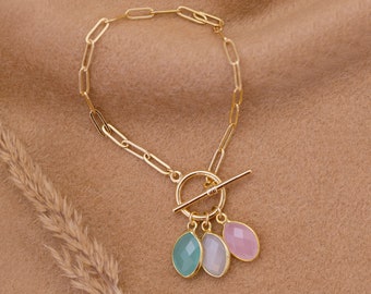 Custom Charm Bracelet, Family Birthstone Crystals, Chunky Paperclip Stacking Bracelet Gold or Silver, Personalized Jewelry Mother Day Gift