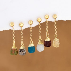 Natural Crystal Chain Drop Studs, Everyday Summer Jewelry, Colorful Dangle Stud Earrings, Raw Birthstone Birthday Gift, Bridesmaid Gift Idea