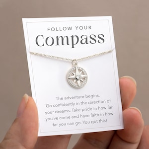 Folgen Sie Ihrem Kompass Halskette Silber, Neue Anfänge Abschlussgeschenk, Halskette auf Karte Custom, College High School Abschluss Senior Geschenk