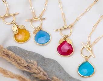 Chunky Gemstone Charm Necklace, Paperclip Chain Toggle Clasp Statement Layering Choker, Custom Initial Name Birthstone Birthday Gift for Her