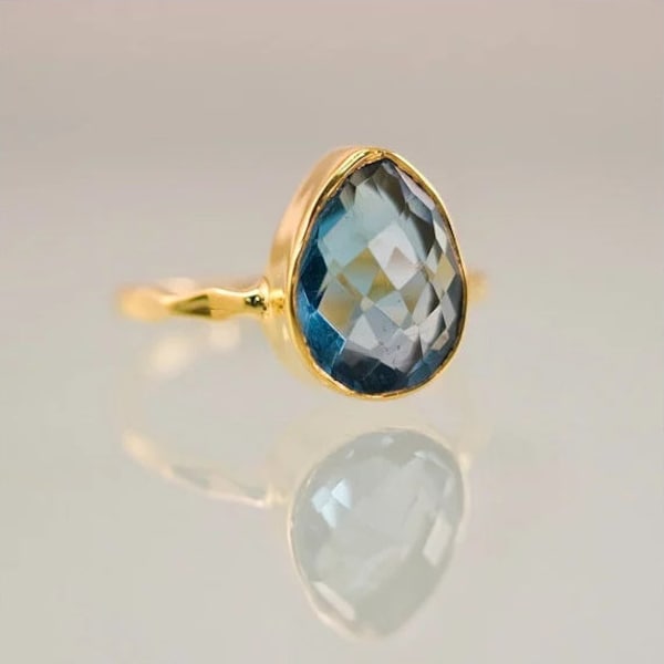 London Blue Topaz Ring - December Birthstone Ring - Tear Drop Stone Ring - Stackable Ring - Gold Vermeil Ring - Gift For Her