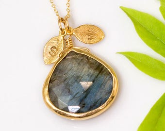 Collar de labradorita natural de oro, collar con inicial personalizada, piedra preciosa arcoíris, joyería llamativa, collar estampado, ideas de regalo, NK-20
