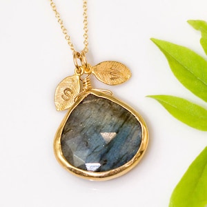 Natural Labradorite Necklace Gold, Personalized Initial Necklace, Rainbow Gemstone, Statement Jewelry, Stamped Necklace, Gift Ideas, NK-20 image 1