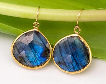 Labradorite Earrings Gold, Natural Gemstone Drop Earrings, Statement Earrings, Unique Gemstone Gift, Boho Gold Earrings, Gift for Friend