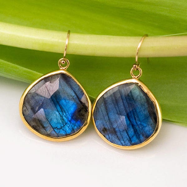 Labradorite Earrings Gold, Natural Gemstone Drop Earrings, Statement Earrings, Unique Gemstone Gift, Boho Gold Earrings, Gift for Friend