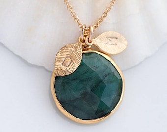 May Birthstone Personalized Necklace, Emerald Necklace Gold, Raw Stone Necklace, Gemstone Pendant Necklace, Custom Initial Jewelry, Gifts