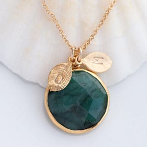 May Birthstone Personalized Necklace, Emerald Necklace Gold, Raw Stone Necklace, Gemstone Pendant Necklace, Custom Initial Jewelry, NK-RD image 1