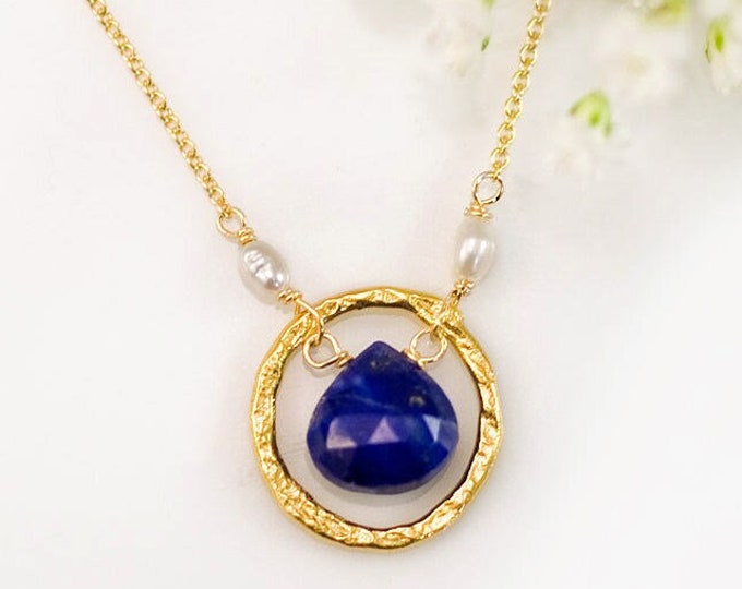 September Birthstone Necklace, Lapis Lazuli Gemstone Drop Pendant, Gold Birthstone Necklace, Birthstone Gift for Her, Simple Stone Necklace