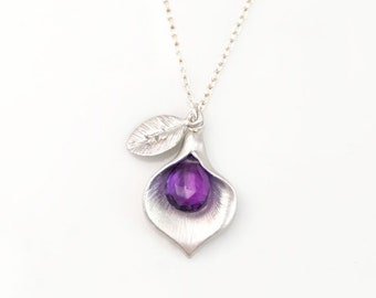 Custom Amethyst Necklace, Stamped Initial Charm, Silver Chain, February Birthstone Gift, Tiny Stone Drop, Unique Personalized Calla Lily