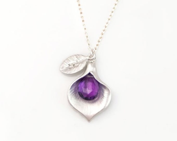 Custom Amethyst Necklace, Stamped Initial Charm, Silver Chain, February Birthstone Gift, Tiny Stone Drop, Unique Personalized Calla Lily