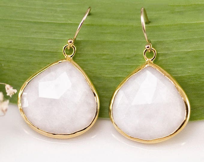 White Agate Gemstone Drop Earrings, White Stone Earrings Gold, Dangle Earrings, Simple Stone Earrings, Holiday Gift For Her, Bridal Jewelry