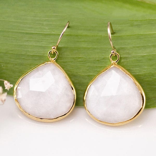 White Agate Gemstone Drop Earrings, White Stone Earrings Gold, Dangle Earrings, Simple Stone Earrings, Holiday Gift For Her, Bridal Jewelry