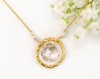 Clear Quartz Gold Necklace, Bridal Jewelry, Tiny Freshwater Pearls, Wedding Favors, Hammered Circle Necklace, Gift for Girlfriend, NK-HC