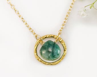 Emerald Drop Pendant, Genuine Gemstone Circle Charm Necklace, May Birthstone Gift, Dainty Layering Necklace, Birthday Christmas Gift for Her