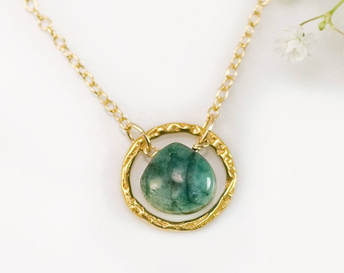 Emerald Drop Pendant, Genuine Gemstone Circle Charm Necklace, May Birthstone Gift, Dainty Layering Necklace, Birthday Christmas Gift for Her