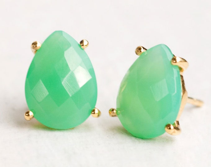 Chrysoprase Studs, Mint Green Stone Earrings, Prong Set Stone, Gold Stud Earrings, Post Earrings, Gemstone Studs, Birthday Gift Ideas