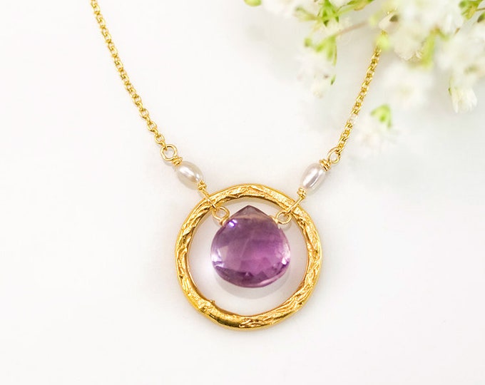 February Birthstone Necklace, Purple Amethyst Crystal Pendant Necklace, Birthday Gift for Mom, Circle Karma Necklace, Genuine Gemstone Drop