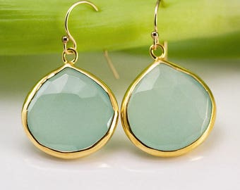 March Birthstone Earrings, Aqua Blue Chalcedony Dangle Earrings, Gemstone Drop Earrings Gold, Gift Idea for Girlfriend, Jewelry Trends