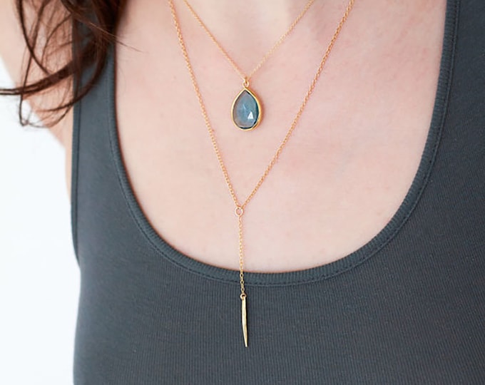 Layered Necklace Set - Set of 2 - Tear Drop Gemstone Pendant - Gold Necklace - Y Necklace - Layering Jewelry - London Blue Topaz Necklace