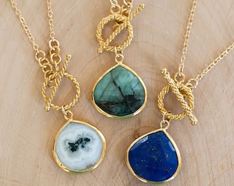 Real Gemstone Toggle Necklaces, Emerald Lapis Lazuli Birthstone Pendants, Chunky Layering Necklaces, Unique Jewelry Gift for Mom / Grandma