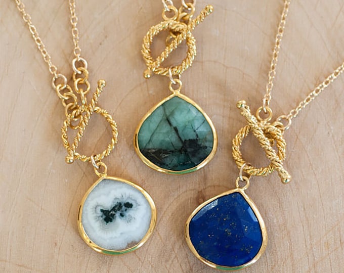 Real Gemstone Toggle Necklaces, Emerald Lapis Lazuli Birthstone Pendants, Chunky Layering Necklaces, Unique Jewelry Gift for Mom / Grandma