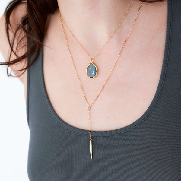 Layered Necklace Set - Set of 2 - Tear Drop Gemstone Pendant - Gold Necklace - Y Necklace - Layering Jewelry - London Blue Topaz Necklace