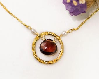 January Birthstone Necklace, Red Garnet Necklace Gold, Tiny Freshwater Pearls, Hammered Hoop, Karma Necklace for Mom, Holiday Christmas Gift