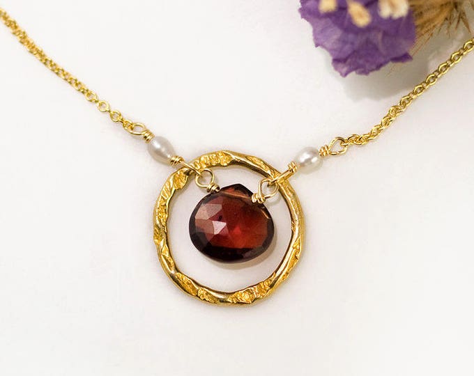 January Birthstone Necklace, Garnet Necklace Gold, Tiny Freshwater Pearls, Hammered Hoop, Karma Necklace for Mom, Holiday Gift, NK-HC
