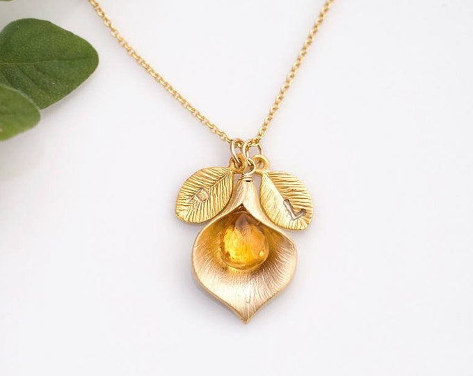 Personalized Necklace, November Yellow Citrine Birthstone Necklace, Custom Initial Jewelry, Calla lily Necklace, Meaningful Gift for Her