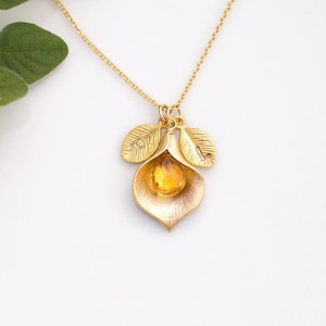 Personalized Necklace, November Yellow Citrine Birthstone Necklace, Custom Initial Jewelry, Calla lily Necklace, Meaningful Gift for Her