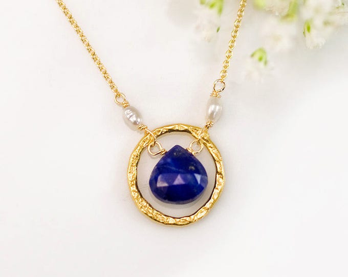 September Birthstone Necklace, Lapis Lazuli Gemstone Drop Pendant, Gold Birthstone Necklace, Birthstone Gift for Her, Simple Stone Necklace