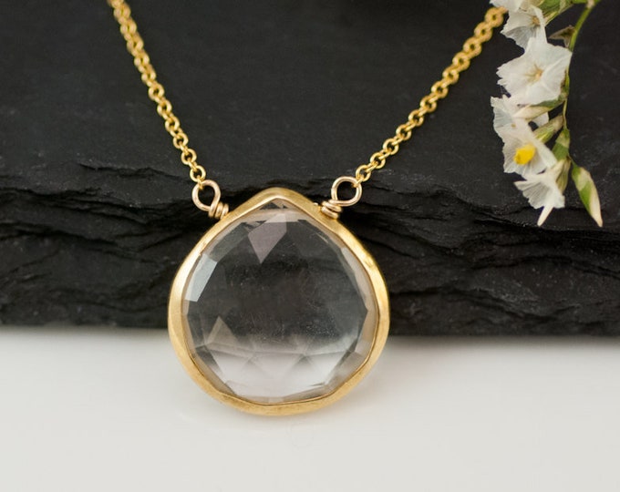 Clear Quartz Teardrop Necklace, Gemstone Pendant, April Birthstone, Crystal Quartz, Modern Necklace, Everyday Layering Jewelry, NK-20