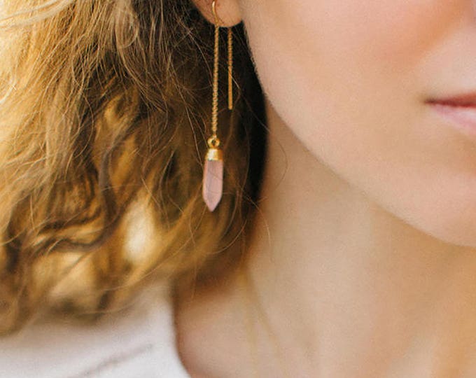 Blush Pink 14k Gold Filled Threaders, Bridesmaid Gift, Minimalist Jewelry, Pink Chalcedony Gemstone Earrings, Ear Threader Earring, TH-B