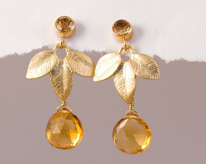Citrine Stud Dangle Earrings, November Birthstone Gift, Tiny Gemstone Drops Bezeled Stud, Nature Inspired Gold Leaves, Wire Wrapped Handmade