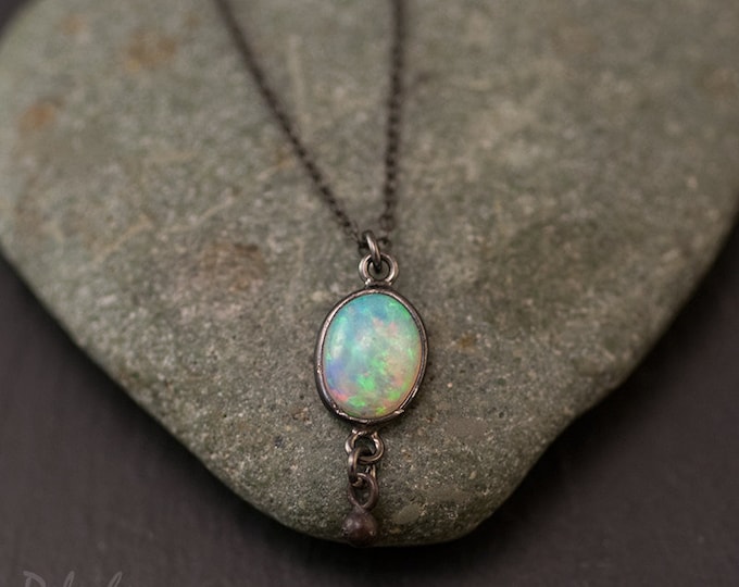 Natural Opal Pendant Necklace, October Birthstone, Black Oxidized Silver Necklace, Small Opal Solitaire, Everyday Necklace, Graduation Gifts