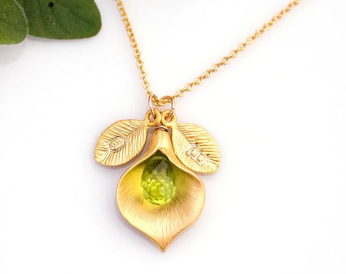 Dainty Peridot Pendant, August Birthstone Necklace, Inspirational Gift, Custom Name Personalized Initials, Calla Lily Jewelry, Nana Gifts