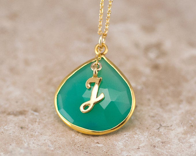 Chrysoprase Gemstone Pendant, Gold Monogram Necklace, Green Stone Necklace, Statement Necklace, Framed Gemstone, Unique Gift Ideas, NK-20