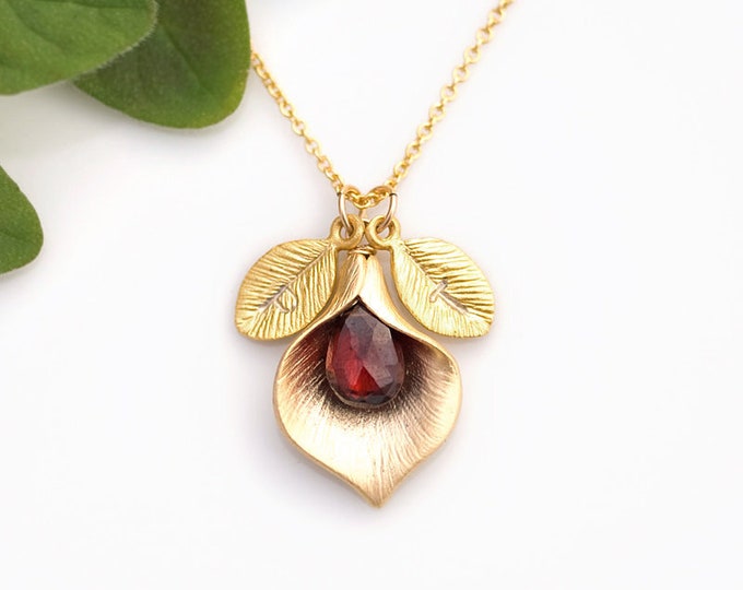 Garnet Necklace Gold, Calla Lily Nature Inspired Jewelry, Handmade Meaningful Gift, Mom Necklace with Kids Initials, Custom Name Necklace