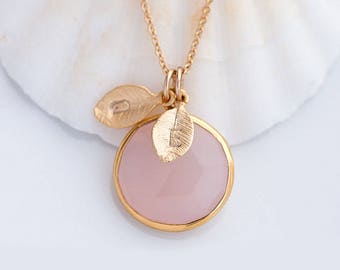 Personalized Pink Chalcedony Necklace, Round Gemstone Pendant, Rose Pink, Summer Jewelry, Simple Necklace, Baby Shower Gift, NK-RD