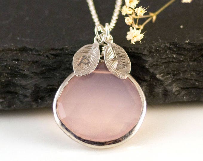 October Birthstone Necklace Sterling Silver, Blush Pink Jewelry, Gift for Sister, Stamped Initial Charm, Rose Quartz Necklace, NK-20