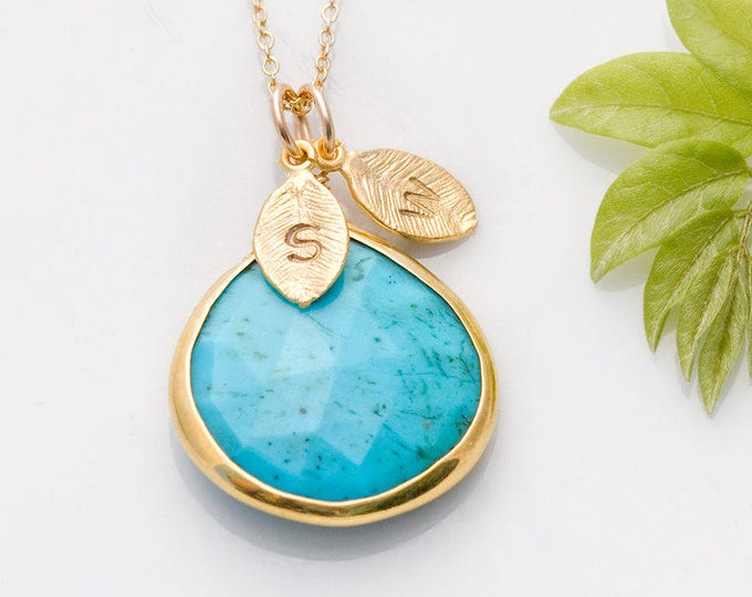 Turquoise Necklace Gold, Custom Stamped Initial Necklace, Gifts for Her, December Birthstone Jewelry, Personalized Mothers Day Gift Jewelry