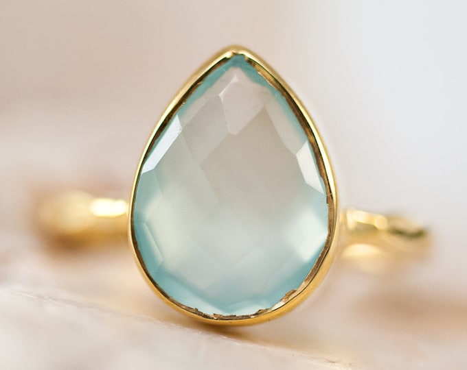 Aqua Blue Chalcedony Ring Silver - Stackable Ring - Sea Foam Green Ring - Tear Drop Ring - Solitaire Ring