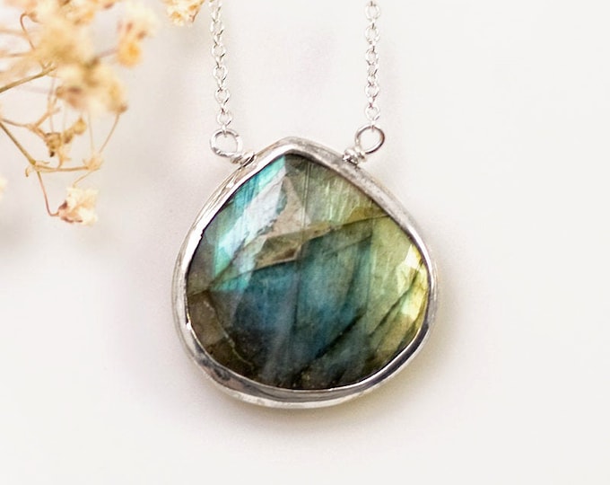 Teardrop Labradorite Necklace, Sterling Silver Jewelry, Bezel Set Gemstone, Natural Labradorite Pendant, Celestial Gift for Her