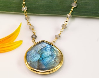 Beaded Labradorite Necklace,  Stones, Boho Chic Choker, Natural Gemstone Jewelry, Celestial Necklace, Aurora Borealis, Gift for Her