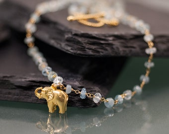 Beaded Aquamarine Elephant Necklace, March Birthstone, Blue Aquamarine, Animal Charm, Toggle Clasp, Lucky Elephant Necklace, Gift for Her