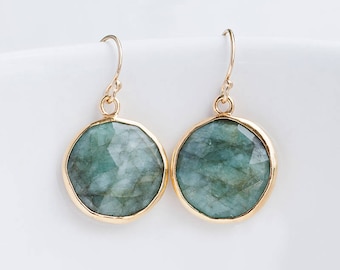 Raw Emerald Earrings - May Birthstone Earrings - Round Gemstone Earrings - Gold Earrings - Drop Earrings