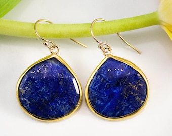 Natural Lapis Lazuli Drop Earrings Gold, September Birthstone, Birthday Jewelry, Statement Earrings, Blue Stone Earrings, Dangle Earrings