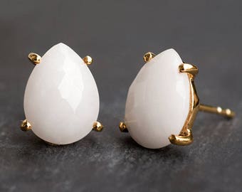 Agate Stud Earrings, Bridal Earrings, White Stone Studs, Bridesmaid Gift, Minimalist Earrings, Gemstone Studs, Post Back Studs