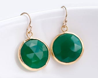 Green Onyx Earrings, Green Crystal Gemstone Earrings, Round Stone Earrings, Emerald Green Statement Jewelry Gift, May Birthday Gift